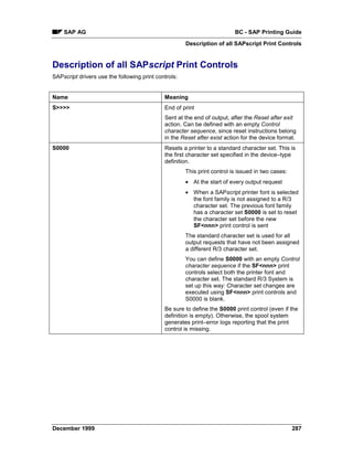 SAP AG                                                                BC - SAP Printing Guide
                                                      Description of all SAPscript Print Controls


Description of all SAPscript Print Controls
SAPscript drivers use the following print controls:


Name                                         Meaning
S>>>>                                        End of print
                                             Sent at the end of output, after the Reset after exit
                                             action. Can be defined with an empty Control
                                             character sequence, since reset instructions belong
                                             in the Reset after exist action for the device format.
S0000                                        Resets a printer to a standard character set. This is
                                             the first character set specified in the device–type
                                             definition.
                                                      This print control is issued in two cases:
                                                      • At the start of every output request
                                                      • When a SAPscript printer font is selected
                                                        the font family is not assigned to a R/3
                                                        character set. The previous font family
                                                        has a character set S0000 is set to reset
                                                        the character set before the new
                                                        SF<nnn> print control is sent
                                                      The standard character set is used for all
                                                      output requests that have not been assigned
                                                      a different R/3 character set.
                                                      You can define S0000 with an empty Control
                                                      character sequence if the SF<nnn> print
                                                      controls select both the printer font and
                                                      character set. The standard R/3 System is
                                                      set up this way: Character set changes are
                                                      executed using SF<nnn> print controls and
                                                      S0000 is blank.
                                             Be sure to define the S0000 print control (even if the
                                             definition is empty). Otherwise, the spool system
                                             generates print–error logs reporting that the print
                                             control is missing.




December 1999                                                                                      287
 