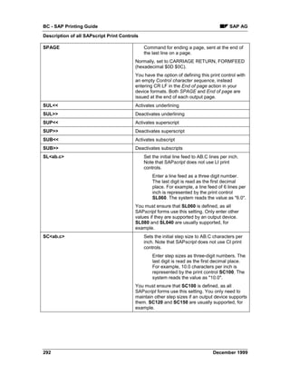 BC - SAP Printing Guide                                                                   SAP AG
Description of all SAPscript Print Controls

SPAGE                                         Command for ending a page, sent at the end of
                                              the last line on a page.
                                         Normally, set to CARRIAGE RETURN, FORMFEED
                                         (hexadecimal $0D $0C).
                                         You have the option of defining this print control with
                                         an empty Control character sequence, instead
                                         entering CR LF in the End of page action in your
                                         device formats. Both SPAGE and End of page are
                                         issued at the end of each output page.
SUL<<                                    Activates underlining
SUL>>                                    Deactivates underlining
SUP<<                                    Activates superscript
SUP>>                                    Deactivates superscript
SUB<<                                    Activates subscript
SUB>>                                    Deactivates subscripts
SL<ab.c>                                      Set the initial line feed to AB.C lines per inch.
                                              Note that SAPscript does not use LI print
                                              controls.
                                                  Enter a line feed as a three digit number.
                                                  The last digit is read as the first decimal
                                                  place. For example, a line feed of 6 lines per
                                                  inch is represented by the print control
                                                  SL060. The system reads the value as "6.0".
                                         You must ensure that SL060 is defined, as all
                                         SAPscript forms use this setting. Only enter other
                                         values if they are supported by an output device.
                                         SL080 and SL040 are usually supported, for
                                         example.
SC<ab.c>                                      Sets the initial step size to AB.C characters per
                                              inch. Note that SAPscript does not use CI print
                                              controls.
                                                  Enter step sizes as three-digit numbers. The
                                                  last digit is read as the first decimal place.
                                                  For example, 10.0 characters per inch is
                                                  represented by the print control SC100. The
                                                  system reads the value as "10.0".
                                         You must ensure that SC100 is defined, as all
                                         SAPscript forms use this setting. You only need to
                                         maintain other step sizes if an output device supports
                                         them. SC120 and SC150 are usually supported, for
                                         example.




292                                                                              December 1999
 