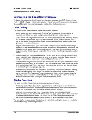 BC - SAP Printing Guide                                                                          SAP AG
Interpreting the Spool Server Display


Interpreting the Spool Server Display
To display the relationship of real, logical, and alternative servers in your SAP System, choose
Tools → CCMS → Spool → Spool administration → Spool servers (Devices / servers tab page).
Choose Complete hierarchy to display the relationships of all spool servers.

Color Coding
The color coding in the spool server list has the following meaning:
•     Active server with spool work process: This is a "real" spool server. It is active (that is,
      running), has at least one spool work process, and can process output requests.
•     Active server with assigned spool service: This is an R/3 spool server that is running. It does
      not, however, currently have any spool work processes. It does have an alternate spool
      server that is able to substitute for it. Output requests assigned to this server are therefore
      processed by an alternate server.
•     Logical server with assigned spool service: This is a logical server (a name representing a
      hierarchy of one or more servers). In its logical server and/or alternate server hierarchies (the
      Mapping and Alt. server fields, respectively), there is a real spool server that can process its
      output requests. Output requests assigned to this server are therefore processed by another
      server.
•     Inactive server with assigned spool service: This is a "real" R/3 spool server that is currently
      down, but which has a substitute spool server in its Alt. server hierarchy. Output requests
      assigned to this server are therefore processed by an alternate server.
•     Server without assigned spool service: This is a logical or real R/3 spool server whose output
      requests cannot currently be processed. If it is a logical server, then there is no active server
      in its server hierarchies. If it is a real server, then neither the server nor any alternate server
      is available for processing output requests.
•     Server already represented: This designation shows that a "wraparound" reference is being
      made to a real or logical spool server. The server is actually located higher in the same
      server hierarchy. The "wraparound" reference serves to close a loop in a server hierarchy,
      whereby a lower node refers back to a higher node. For example, the bottom node in a
      hierarchy might refer to the next higher node as its alternate server.

Display Functions
The spool server list shows relationships between servers as follows:
•     "Mapping" relationships, those from a logical server to another logical or real server, are
      shown with horizontal lines. The spool system follows these lines when it resolves a logical
      server into a real server that it can use for processing output requests.
•     Alternate server relationships, those from a real or logical server to a substitute or
      replacement server, are shown with vertical lines. The spool system follows these lines when
      it searches for an alternate server. This search can take place either when a server has
      become unavailable for processing output requests, or when load balancing is active.
You can display various views of the spool server hierarchy by putting the cursor on a particular
server and choosing the following functions:




324                                                                                     December 1999
 