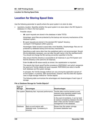 BC - SAP Printing Guide                                                                       SAP AG
Location for Storing Spool Data


Location for Storing Spool Data

Use the following parameter to specify where the spool system is to store its data:
•     rspo/store_location: Specifies whether the spool system is to store data in the R/3 System's
      database or in files in the host system.
          Possible values:
          - db: spool requests are stored in the database in table TST03.
              Advantage: spool files are protected by the backup and recovery mechanisms of the
              database system.
          - G: spool requests are stored in the standard R/3 "global" directory:
              /usr/sap/C11/SYS/global/ (UNIX systems).
              Advantages: faster access to spool data; more flexibility. Disadvantage: files are not
              protected by database backup and recovery mechanisms.
              Specifying a path name other than the predefined path is not recommended. Should
              this be absolutely necessary, you can alter the path name in the file rsts/files/root/G.
              You should not change the file naming convention specified in the file.
              Also ensure that the directory is accessible to all instances in your R/3 System and
              that the directory is the same for all instances.
              Enter the db and G values exactly as shown; the capitalization is important.
              The reports that check spool/TemSe consistency (RSPO0041) and which reorganize
              the spool and TemSe (delete old spool requests, RSPO0043) are able to handle
              both database and file system storage.
              In principle, the TemSe storage method can vary among the application servers of
              an R/3 System. In practice, SAP recommends, however, that the entire R/3 System
              uses a single storage method for TemSe objects.
              The following table summarizes the advantages and disadvantages of each type of
              storage:

File or Database Storage for TemSe Objects?

    Type of
    Storage      Advantages                                Disadvantages
    File system Relatively fast: improved performance. TemSe data must be backed up and
                                                       restored using operating system tools,
                                                       separately from the database.
                                                           In the event of problems, it can be hard
                                                           to restore consistency between the data
                                                           held in files and the TemSe’s object
                                                           management in the database.
    Database     Back-up and restore with                  Slower than file system storage.
                 database tools. Consistency is            Increased database load.
                 ensured.




330                                                                                   December 1999
 