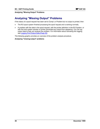 BC - SAP Printing Guide                                                                      SAP AG
Analyzing "Missing Output" Problems


Analyzing "Missing Output" Problems
If the status of a spool request has been set to Compl. or Problem but no output is printed, then:
•    The R/3 spool system finished processing the spool request and is working normally
•    A problem with the data in the spool request, with the printer definition in the R/3 System, or
     with the host system spooler or printer prevented any output from appearing. You can log
     output data to help you analyze the problem. For information about activating this logging,
     see Logging Print Output Data [Page 50].
The following graphic provides an overview of the problem analysis procedure.
Analyzing "missing-output" problems




46                                                                                  December 1999
 