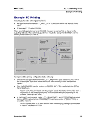 SAP AG                                                              BC - SAP Printing Guide
                                                                            Example: PC Printing


Example: PC Printing
Assume you have the following configuration:
•    An application server named C11_HPUX_11 on a UNIX workstation with the host name
     HPUX.
•    A Windows NT PC called PC0033.
There is no R/3 application server on PC0033. You want to use SAP002 as the server for
outputting R/3 data. The available output devices include the local printer SAP002P and the
shared printer SAP003SAP003P.



                                         Windows PC:
                                         PC0033                 Local Printer
                                                                LPT1


                                         Print Manager             Remote Printer
                                                                  PC0035LPT1
    R/3 Spool
    Server:
                                                                      Fax Device
                        TCP/IP Network                              PC0035FAX1
                                            SAPLPD
    HPUX_C11_11                             Output
                         Output            Transfer
                         Requests




    Host system: HPUX




To implement this printing configuration do the following:
•    Ensure that R/3 application server HPUX_C11_11 provides spool processing. You can do
     this by editing the application server definition in the Computing Center Management
     System.
•    Start the R/3 SAPLPD transfer program on PC0033. SAPLPD is installed with the SAPgui
     frontend software.
          To start SAPLPD automatically add the program icon to the Startup folder under Start →
          Programs or to the Start program group in the Program Manager (depending on the
          Windows system you are using).
•    In the PC0033 print manager, define LPT1, PC0035LPT1, and PC0035FAX1 as output
     devices. LPT1 is a local printer. PC0035LPT1 is a shared printer. PC0035FAX1 is a
     shared fax machine.
          The R/3 System prints to all these devices in the same way by passing output requests
          to the print manager in PC0033.




December 1999                                                                                     59
 