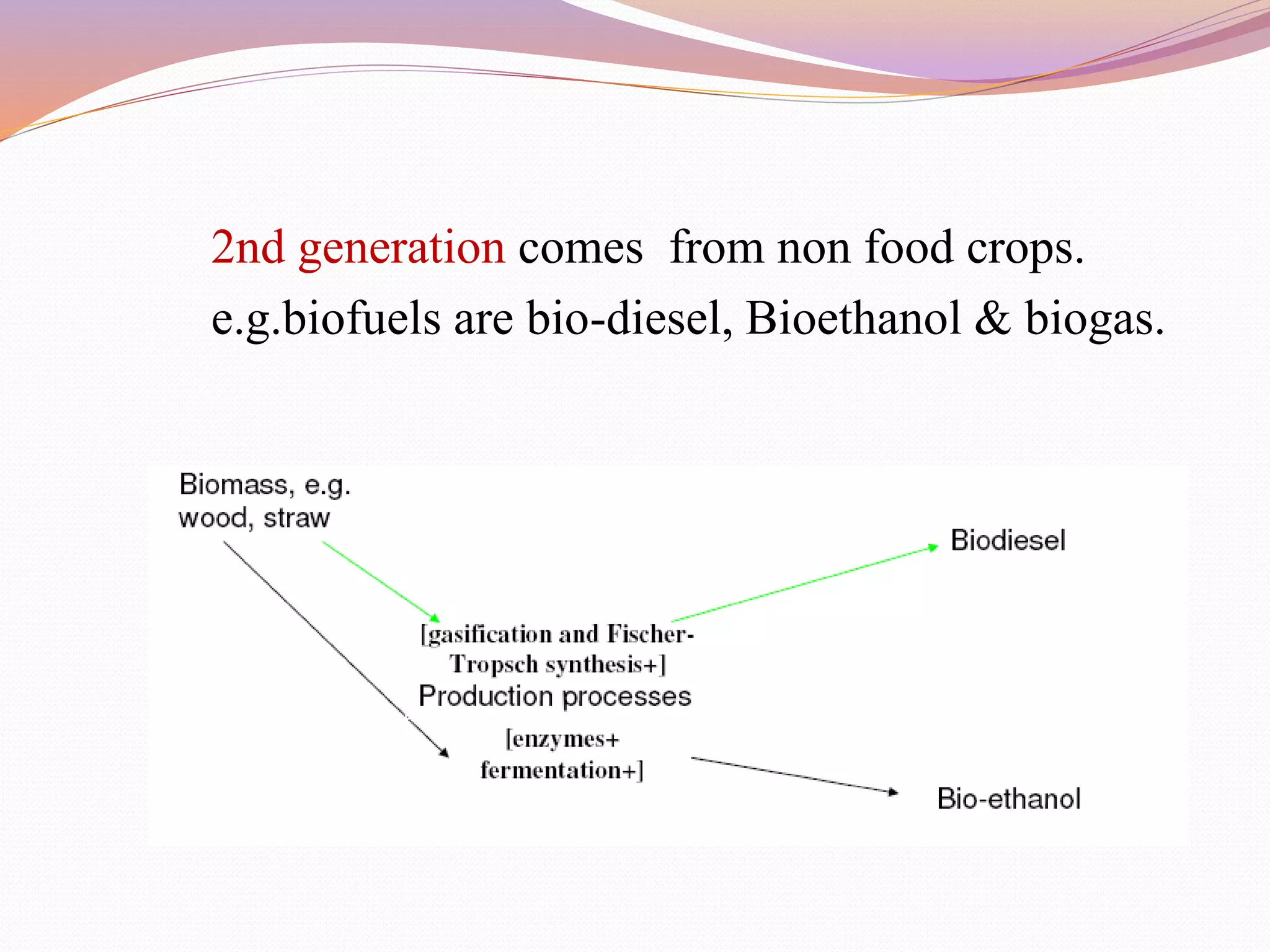 2nd generation comes from non food crops.
e.g.biofuels are bio-diesel, Bioethanol & biogas.
 