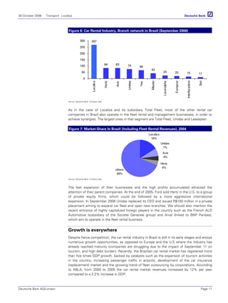 30 October 2006 Transport Localiza
Deutsche Bank AG/London Page 11
Figure 6: Car Rental Industry, Branch network in Brazil (September 2006)
267
84 83 74 66
42
25 20 15 11
0
50
100
150
200
250
300
Localiza
Hertz
Avis
Unidas
Yes
Master
Locaralpha
Europcar
Interlocadora
Sixt
Source: Deutsche Bank, Company data
As in the case of Localiza and its subsidiary Total Fleet, most of the other rental car
companies in Brazil also operate in the fleet rental and management businesses, in order to
achieve synergies. The largest ones in that segment are Total Fleet, Unidas and Leaseplan.
Figure 7: Market-Share In Brazil (Including Fleet Rental Revenues), 2004
others
69%
Unidas
7%
Localiza
16%
Avis
4%
Hertz
4%
Source: Deutsche Bank, Company data
The fast expansion of their businesses and the high profits accumulated attracted the
attention of their parent companies. At the end of 2005, Ford sold Hertz in the U.S. to a group
of private equity firms, which could be followed by a more aggressive international
expansion. In September 2006 Unidas replaced its CEO and issued R$100 million in a private
placement aiming to expand car fleet and open new branches. We should also mention the
recent entrance of highly capitalized foreign players in the country such as the French ALD
Automotive (subsidiary of the Societe Generale group) and Arval (linked to BNP Paribas),
which aim to operate in the fleet rental business.
Growth is everywhere
Despite fierce competition, the car rental industry in Brazil is still in its early stages and enjoys
numerous growth opportunities, as opposed to Europe and the U.S where the industry has
already reached maturity (companies are struggling due to the impact of September 11 on
tourism, and high debt burden). Recently, the Brazilian car rental market has registered more
than five times GDP growth, backed by catalysts such as the expansion of tourism activities
in the country, increasing passenger traffic in airports, development of the car insurance
(replacement) market and the growing trend of fleet outsourcing by corporations. According
to ABLA, from 2000 to 2005 the car rental market revenues increased by 12% per year
compared to a 2.2% increase in GDP.
 