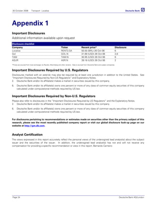 30 October 2006 Transport Localiza
Page 24 Deutsche Bank AG/London
Appendix 1
Important Disclosures
Additional information available upon request
Disclosure checklist
Company Ticker Recent price* Disclosure
Localiza RENT3.SA 50.50 (BRL) 26 Oct 06 6
Gol GOL.N 31.69 (USD) 26 Oct 06 2,6
TAM TAM.N 30.95 (USD) 26 Oct 06 6
ASUR ASR.N 39.18 (USD) 26 Oct 06 2
*Prices are sourced from local exchanges via Reuters, Bloomberg and other vendors. Data is sourced from Deutsche Bank and subject companies.
Important Disclosures Required by U.S. Regulators
Disclosures marked with an asterisk may also be required by at least one jurisdiction in addition to the United States. See
“Important Disclosures Required by Non-US Regulators” and Explanatory Notes.
2. Deutsche Bank and/or its affiliate(s) makes a market in securities issued by this company.
6. Deutsche Bank and/or its affiliate(s) owns one percent or more of any class of common equity securities of this company
calculated under computational methods required by US law.
Important Disclosures Required by Non-U.S. Regulators
Please also refer to disclosures in the “Important Disclosures Required by US Regulators” and the Explanatory Notes.
2. Deutsche Bank and/or its affiliate(s) makes a market in securities issued by this company.
6. Deutsche Bank and/or its affiliate(s) owns one percent or more of any class of common equity securities of this company
calculated under computational methods required by US law.
For disclosures pertaining to recommendations or estimates made on securities other than the primary subject of this
research, please see the most recently published company report or visit our global disclosure look-up page on our
website at http://gm.db.com.
Analyst Certification
The views expressed in this report accurately reflect the personal views of the undersigned lead analyst(s) about the subject
issuer and the securities of the issuer. In addition, the undersigned lead analyst(s) has not and will not receive any
compensation for providing a specific recommendation or view in this report. Bernardo Carneiro
 