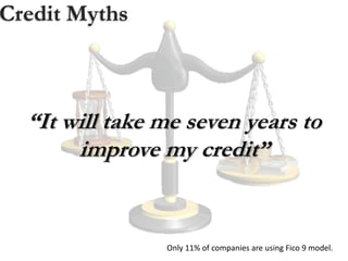 Credit Myths
“It will take me seven years to
improve my credit”
Only 11% of companies are using Fico 9 model.
 