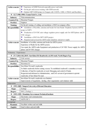 4
Achievements Experience of GSM Network especially power and radio.
On the job and oversea training with GSM network.
Finished MPT GSM project in Yangon with 18 BTS, 1 BSC, 4 TRAU and Rectifiers.
 12.7.1996-1998 : Comm Tech Co., Ltd.
Industry Telecommunications
Country/City Myanmar/Yangon
Position Engineer
Training On the job training of cabling and installation of RCS at company office.
Responsibilities Installation of Rectifier, antenna and feeder forAuto Radio Telephone System (ARTS)
project of MPT.
Production of 24 VDC auto voltage regulator power supply unit for ARTS phone and 24
VDC charger.
Installation of RCS for MPTARTS project.
Repaired and serviced for ARTS radio telephone and power supply.
Achievements Installation of rectifier, antenna and feeder forARTS system.
Experience of Radio for the ARTS system.
Can repair the ARTS radio Equipment and production of 24 VDC Power supply for ARTS
phone and 24 VDC charger.
Voluntary Experience
 27.7.2014-10.2.2015 : SawKhonYit Roadworks at (49) ward, North Dagon Tsp.
Industry Civil service
Country/City Myanmar/Yangon
Position Secretary (1)
Responsibilities Saw Khon Yit road’s roadworks
To finish roadworks before raining season. To established roadwork’s committee at ward.
Collection of fund for roadworks at ward. Managing and control of funds.
Requested and informed to Administration, and Civil servant of government to permit
roadworks of Saw Khon Yit road.
Achievements Saw Khon Yit road’s roadworks was finished.
Improvements of negotiation, dealing, other organization and volunteer skill.
Education
 1993-2005 :Yangon University ofDistant Education
Major Zoology
Degree BSC ( Zoology )
 1993-1995 : Mandalay Government Technical Institute
Major Electronics and communication
Degree AGTI ( EC )
Language
Myanmar Excellent written and oral skills
English Good written and oral skills
 