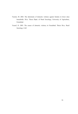 Yasmin, M. 2003. The determents of domestic violence against females in lower class
households. M.sc. Thesis Deptt. of Rural Sociology, University of Agriculture,
Faisalabad.
Yousaf, D. 2003. The causes of domestic violence in Faisalabad. Thesis M.sc. Rural
Sociology. UAF.
 