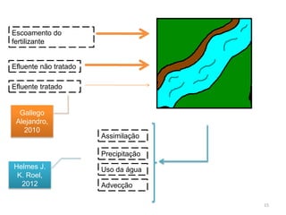 15
Precipitação
Escoamento do
fertilizante
Efluente não tratado
Efluente tratado
Uso da água
Assimilação
Advecção
Gallego
Alejandro,
2010
Helmes J.
K. Roel,
2012
 