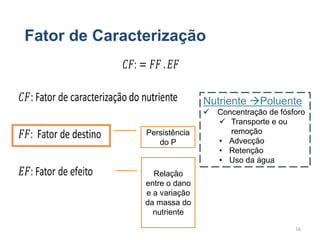 Persistência
do P
Relação
entre o dano
e a variação
da massa do
nutriente
Nutriente Poluente
 Concentração de fósforo
 Transporte e ou
remoção
• Advecção
• Retenção
• Uso da água
Fator de Caracterização
16
 
