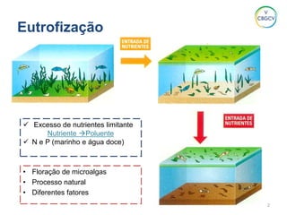 Eutrofização
2
 Excesso de nutrientes limitante
Nutriente Poluente
 N e P (marinho e água doce)
• Floração de microalgas
• Processo natural
• Diferentes fatores
 