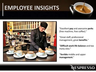 EMPLOYEE INSIGHTS
"Excellent pay and awesome perks
(free machine, free coffee)."
"Great staff, professional
management, great benefits."
“Difficult work life balance and too
many silos.”
"Terrible middle and upper
management."
 