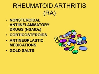 RHEUMATOID ARTHRITIS
(RA)
• NONSTEROIDAL
ANTIINFLAMMATORY
DRUGS (NSAIDs)
• CORTICOSTEROIDS
• ANTINEOPLASTIC
MEDICATIONS
• GOLD SALTS
 