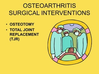 OSTEOARTHRITIS
SURGICAL INTERVENTIONS
• OSTEOTOMY
• TOTAL JOINT
REPLACEMENT
(TJR)
 