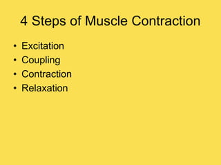 4 Steps of Muscle Contraction
• Excitation
• Coupling
• Contraction
• Relaxation
 