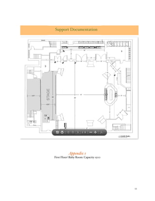 % 12
Support Documentation
Suggested support documents
include, but are not limited to:
o Resumes
o Marketing documents
o List of sponsors
o Event layout
o Storyboard
o Menu
o Song list (concert)
o Bios of celebrities
Appendix 1
First Floor/ Ruby Room: Capacity 1500
 
