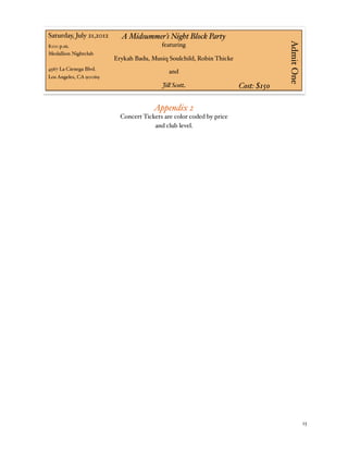 % 15
A Midsummer’s Night Block Party
featuring
Erykah Badu, Musiq Soulchild, Robin Thicke
and
Ji' Scott
AdmitOne
Saturday, July 21,2012
8:00 p.m.
Medallion Nightclub
4567 La Cienega Blvd.
Los Angeles, CA 90069
Cost: $150
Appendix 2
Concert Tickets are color coded by price
and club level.
 
