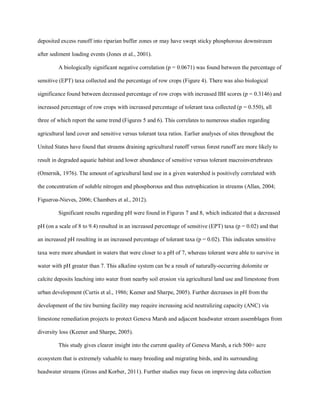 deposited excess runoff into riparian buffer zones or may have swept sticky phosphorous downstream
after sediment loading events (Jones et al., 2001).
A biologically significant negative correlation (p = 0.0671) was found between the percentage of
sensitive (EPT) taxa collected and the percentage of row crops (Figure 4). There was also biological
significance found between decreased percentage of row crops with increased IBI scores (p = 0.3146) and
increased percentage of row crops with increased percentage of tolerant taxa collected (p = 0.550), all
three of which report the same trend (Figures 5 and 6). This correlates to numerous studies regarding
agricultural land cover and sensitive versus tolerant taxa ratios. Earlier analyses of sites throughout the
United States have found that streams draining agricultural runoff versus forest runoff are more likely to
result in degraded aquatic habitat and lower abundance of sensitive versus tolerant macroinvertebrates
(Omernik, 1976). The amount of agricultural land use in a given watershed is positively correlated with
the concentration of soluble nitrogen and phosphorous and thus eutrophication in streams (Allan, 2004;
Figueroa-Nieves, 2006; Chambers et al., 2012).
Significant results regarding pH were found in Figures 7 and 8, which indicated that a decreased
pH (on a scale of 8 to 9.4) resulted in an increased percentage of sensitive (EPT) taxa (p = 0.02) and that
an increased pH resulting in an increased percentage of tolerant taxa (p = 0.02). This indicates sensitive
taxa were more abundant in waters that were closer to a pH of 7, whereas tolerant were able to survive in
water with pH greater than 7. This alkaline system can be a result of naturally-occurring dolomite or
calcite deposits leaching into water from nearby soil erosion via agricultural land use and limestone from
urban development (Curtis et al., 1986; Keener and Sharpe, 2005). Further decreases in pH from the
development of the tire burning facility may require increasing acid neutralizing capacity (ANC) via
limestone remediation projects to protect Geneva Marsh and adjacent headwater stream assemblages from
diversity loss (Keener and Sharpe, 2005).
This study gives clearer insight into the current quality of Geneva Marsh, a rich 500+ acre
ecosystem that is extremely valuable to many breeding and migrating birds, and its surrounding
headwater streams (Gross and Korber, 2011). Further studies may focus on improving data collection
 