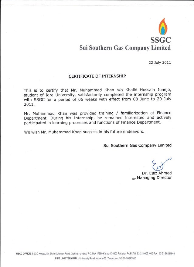 job sample certificate completion of (BBA SSGC Internship)
