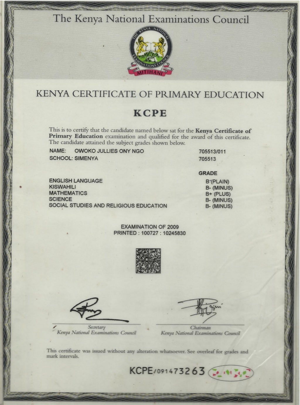 KCPE Certificate