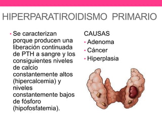 HIPERPARATIROIDISMO PRIMARIO
• Se caracterizan

porque producen una
liberación continuada
de PTH a sangre y los
consiguientes niveles
de calcio
constantemente altos
(hipercalcemia) y
niveles
constantemente bajos
de fósforo
(hipofosfatemia).

CAUSAS
• Adenoma
• Cáncer
• Hiperplasia

 