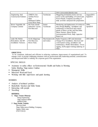 2016 convocation,Katsina state.
Engineering And
Construction Solution
330KVA Gas
Turbine Power
Plant
Odukpani,Calabar,
Cross River State.
Technician Meggering,termination,motor test run,
motor works and building of Control and
Power Panels, Computer recording of
daily activities and punch list preparation.
August2011-
Sept2015.
Rivers Vegetable Oil
Company Limited
80-Trans Amadi
Industrial Layout,
Port Harcourt
Senior
Technician
Monitoring and deployment of workers to
duty,Design,Building, installation and
maintenance of electrical and control
panels of Direct on-line and Star Delta
Motor Starters, Motor Works,
Instrumentation Work, Daily capacitor
Report etc
2009-
April2010
Laide Ola Shelter
Reticulation And RF
Installation Ventures.
Iwofe Adageorge
Port Harcourt,
Rivers State.
Electrician(work
and study)
Radio Frequency (RF) and Automatic
Change Over Installation, Electrical and
controlpanel wiring, installation and
maintenance, Shelter Reticulation, Tower
rigging ,ELP(copper Jointing),Splicing of
Fiber.
2003-2006
OBJECTIVE:
To be competent, dedicated and efficient in achieving continuous improvement of organizational goal. To
manage crises in prompt challenging situations with my professional skill, leadership potential, communication
and interpersonal skills in realizing the corporate goal of the organization.
SPECIAL SKILLS
 Assistance to safety officer on Environmental Health and Safety in Morning
Safety Briefing Nipp station Calabar.
 Managerial Skills.
 Microsoft Word and Excel.
 Working with little supervision and quick learning.
HOBBIES
 Analysis of technical problem
 Basketball, Snooker and Table Tennis
 Interacting with people
 Travelling
REFEREE:
1. Engr. Uzoma Ohaneje
Steag Engineering
Nipp Station,Calabar
08088322986
3 Engr.Nwoba Godwin
Electrical lead
Niger Delta power Holding Company,
Sapele, Delta state
07037158183.
 
