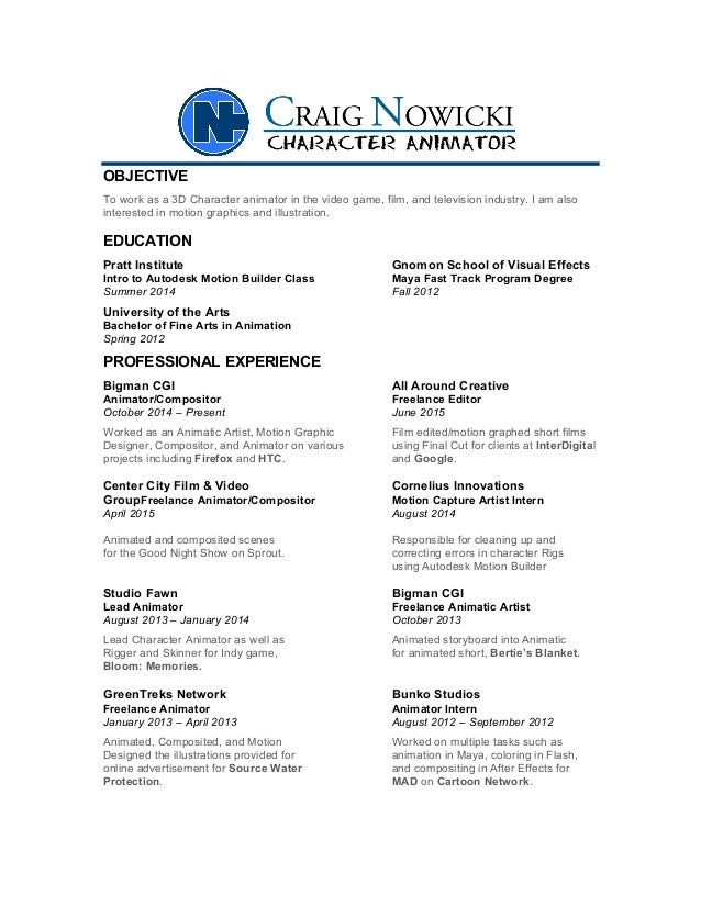 cnowicki resume animator resume