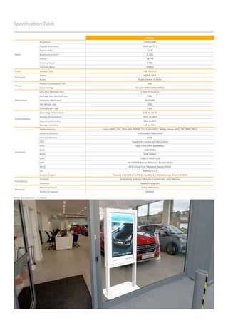 Specification Table
46 Inch
Panel
Resolution 1920x1080
Display Area (mm) 1018.1x572.7
Aspect Ratio 16:9
Brightness (cd/m2
) 2,500
Colour 16.7M
Viewing Angle 178°
Contrast Ratio 5000:1
Audio Speaker Type 5W, 8Ω (x2)
AV Inputs
Video HDMI, VGA
Audio Audio Socket (3.5mm)
Power
Power Consumption (W) 380
Input Voltage AC110~240V (50Hz~60Hz)
Mechanical
Unit Size (WxHxD mm) 1795x725.1x145
Package Size (WxHxD mm) TBD
Footprint (WxH mm) 815x500
Net Weight (kg) TBD
Gross Weight (kg) TBD
Environmental
Operating Temperature 0 °C to 50 °C
Storage Temperature -30°C to 60°C
Operating Humidity 10% to 80%
Storage Humidity 5% to 95%
Computer
Media Formats Video (MPG, AVI, MP4, RM, RMVB, TS), Audio (MP3, WMA), Image (JPG, GIF, BMP, PNG)
Media Resolution 1920x1080/1080x1920
Internal Memory 6GB
CPU Quad-Core Cortex-A17@1.61GHz
GPU Mali-T760 MP4 @600MHz
RAM 2GB DDR3
ROM 8GB NAND
USB USB2.0 HOST (x2)
LAN 10/100M Ethernet (Network Version Only)
Wi-Fi 802.11b/g/n/ac (Network Version Only)
OS Android 5.1.1
Graphic Engine OpenGL ES 1.1/2.0/3.0/3.1, OpenCL 1.1, Renderscript, Direct3D 11.1
Accessories
Included Scheduling Software, Remote Control, Key, User Manual
Optional Network Upgrade
Warranty
Warranty Period 3 Year Warranty
Technical Support Lifetime
Errors and omissions excepted
Technical Drawing
 