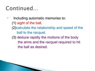  Including automatic memories to:
(1) sight of the ball,
(2)calculate the relationship and speed of the
ball to the racquet.
(3) deduce rapidly the motions of the body
the arms and the racquet required to hit
the ball as desired.
 