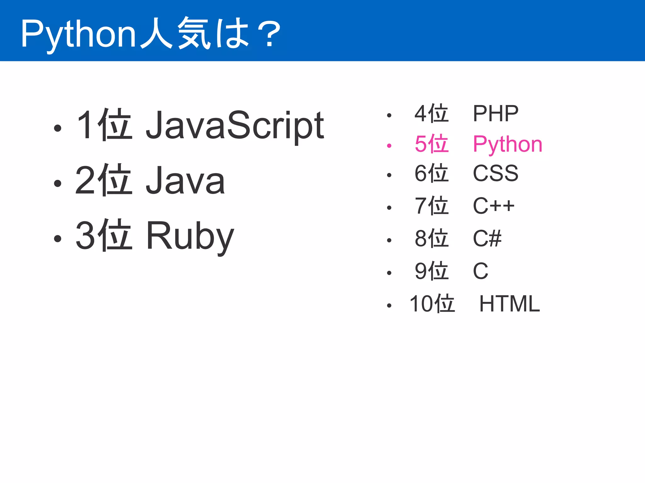 Python人気は？
• 4位 PHP
• 5位 Python
• 6位 CSS
• 7位 C++
• 8位 C#
• 9位 C
• 10位 HTML
• 1位 JavaScript
• 2位 Java
• 3位 Ruby
 