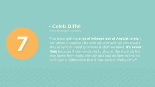 - Caleb Diffel
Pepsi Beverages Company 	
“I’ve been getting a lot of mileage out of AnyList lately. I
can share shopping lists with my wife and we can always
stay in sync on what groceries & stuff we need. It’s saved
time because if she needs me to stop at the store on the
way home from work, she can just add an item to the list
and I get a notification that it was added. Pretty nifty.”
77
 