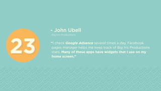 - John Ubell
Big Iris Productions
“I check Google Adsence several times a day. Facebook
pages manager helps me keep track of Big Iris Productions
stats. Many of these apps have widgets that I use on my
home screen.”
2323
 