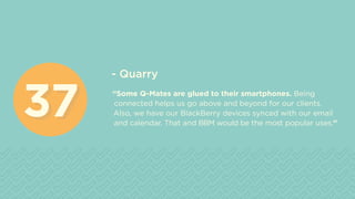 - Quarry
“Some Q-Mates are glued to their smartphones. Being
connected helps us go above and beyond for our clients.
Also, we have our BlackBerry devices synced with our email
and calendar. That and BBM would be the most popular uses.”
3737
 