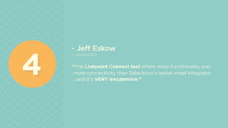 - Jeff Eskow
Linkpoint360
“The Linkpoint Connect tool offers more functionality and
more connectivity than Salesforce’s native email integrator
...and it’s VERY inexpensive.”
44
 