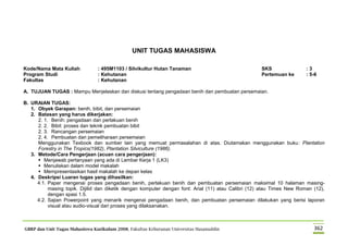 GBRP dan Unit Tugas Mahasiswa Kurikulum 2008, Fakultas Kehutanan Universitas Hasanuddin 362
UNIT TUGAS MAHASISWA
Kode/Nama Mata Kuliah : 495M1103 / Silvikultur Hutan Tanaman SKS : 3
Program Studi : Kehutanan Pertemuan ke : 5-6
Fakultas : Kehutanan
A. TUJUAN TUGAS : Mampu Menjelaskan dan diskusi tentang pengadaan benih dan pembuatan persemaian.
B. URAIAN TUGAS:
1. Obyek Garapan: benih, bibit, dan persemaian
2. Batasan yang harus dikerjakan:
2. 1. Benih: pengadaan dan perlakuan benih
2. 2. Bibit: proses dan teknik pembuatan bibit
2. 3. Rancangan persemaian
2. 4. Pembuatan dan pemeliharaan persemaian
Menggunakan Texbook dan sumber lain yang memuat permasalahan di atas. Diutamakan menggunakan buku: Plantation
Forestry in The Tropics(1982), Plantation Silviculture (1986).
3. Metode/Cara Pengerjaan (acuan cara pengerjaan):
 Menjawab pertanyaan yang ada di Lembar Kerja 1 (LK3)
 Menuliskan dalam model makalah
 Mempresentasikan hasil makalah ke depan kelas
4. Deskripsi Luaran tugas yang dihasilkan:
4.1. Paper mengenai proses pengadaan benih, perlakuan benih dan pembuatan persemaian maksimal 10 halaman masing-
masing topik. Dijilid dan diketik dengan komputer dengan font: Arial (11) atau Calibri (12) atau Times New Roman (12),
dengan spasi 1.5.
4.2. Sajian Powerpoint yang menarik mengenai pengadaan benih, dan pembuatan persemaian dilakukan yang berisi laporan
visual atau audio-visual dari proses yang dilaksanakan.
 