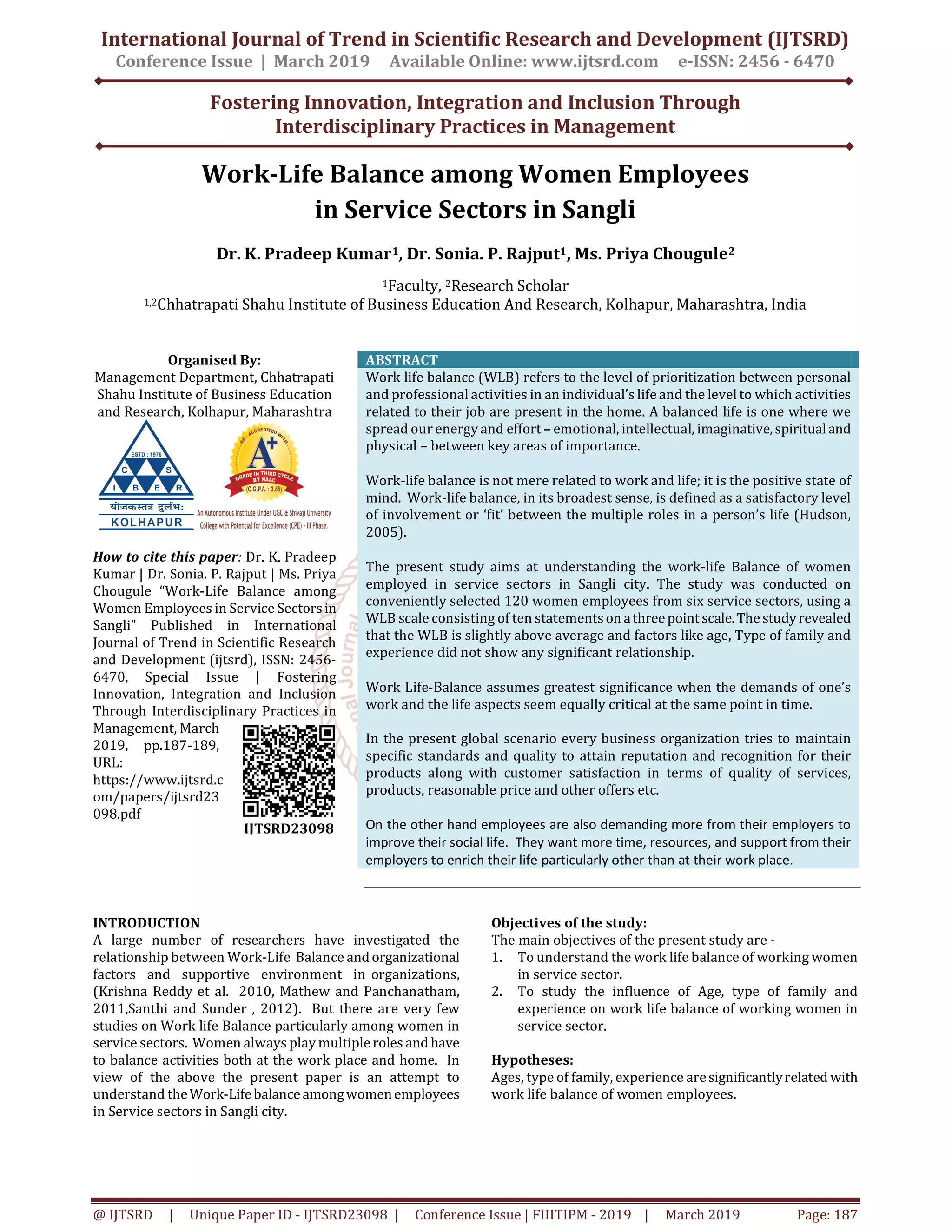 Work Life Balance among Women Employees in Service Sectors in Sangli | PDF