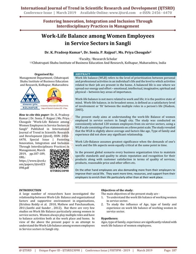Work Life Balance among Women Employees in Service Sectors in Sangli ...