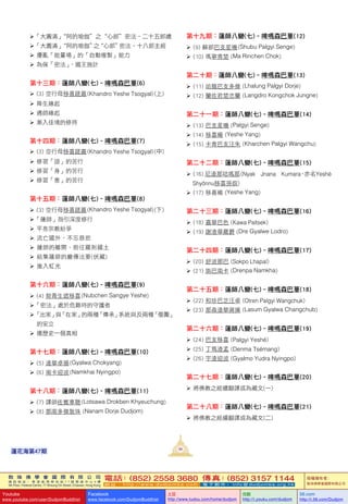 敦 珠 佛 學 會 國 際 有 限 公 司
通 訊 地 址 ： 香 港 柴 灣 常 安 街 7 7 號 發 達 中 心 4 樓
4th Floor, Federal Centre, 77 Sheung On Street, Chaiwan, Hong Kong
電話：(852) 2558 3680 傳真：(852) 3157 1144
網 址 ： h t t p : / / w w w . d u d j o m b a . c o m 電 子 郵 件 ： info@dudjomba.org.hk
版權擁有者：
敦珠佛學會國際有限公司
Youtube
www.youtube.com/user/DudjomBuddhist
Facebook
www.facebook.com/DudjomBuddhist
土豆
http://www.tudou.com/home/dudjom
优酷
http://i.youku.com/dudjom
56.com
http://i.56.com/Dudjom
敦 珠 佛 學 會 國 際 有 限 公 司
通 訊 地 址 ： 香 港 柴 灣 常 安 街 7 7 號 發 達 中 心 4 樓
4th Floor, Federal Centre, 77 Sheung On Street, Chaiwan, Hong Kong
電話：(852) 2558 3680 傳真：(852) 3157 1144
網 址 ： h t t p : / / w w w . d u d j o m b a . c o m 電 子 郵 件 ： info@dudjomba.org.hk
版權擁有者：
敦珠佛學會國際有限公司
Youtube
www.youtube.com/user/DudjomBuddhist
Facebook
www.facebook.com/DudjomBuddhist
土豆
http://www.tudou.com/home/dudjom
优酷
http://i.youku.com/dudjom
56.com
http://i.56.com/Dudjom
「大圓滿」“阿的瑜伽”之“心部”密法–二十五部續
「大圓滿」“阿的瑜伽”之“心部”密法–十八部主經
   擾亂「能量場」的「自動複製」能力
   為保「密法」，國王施計
第十三期：蓮師八變(七)–啤嗎森巴華(6)
   (3) 空行母移喜蹉嘉 (Khandro Yeshe Tsogyal) (上)
   降生緣起
   遇師緣起
   漸入佳境的修持
第十四期：蓮師八變(七)–啤嗎森巴華(7)
   (3) 空行母移喜蹉嘉 (Khandro Yeshe Tsogyal) (中)
   修習「語」的苦行
   修習「身」的苦行
   修習「意」的苦行
第十五期：蓮師八變(七)–啤嗎森巴華(8)
   (3) 空行母移喜蹉嘉 (Khandro Yeshe Tsogyal) (下)
「蓮師」指引深度修行
   平息宗教紛爭
   流亡國外，不忘慈悲
   蓮師的離開、前往羅剎國土
   結集蓮師的巖傳法要(伏藏)
   進入虹光
第十六期：蓮師八變(七)–啤嗎森巴華(9)
   (4) 努青生遮移喜 (Nubchen Sangye Yeshe)
「密法」處於危難時的守護者
「出家」與「在家」的兩種「傳承」系統與及兩種「僧團」
的安立
   還歷史一個真相
第十七期：蓮師八變(七)–啤嗎森巴華(10)
   (5) 渣華卓揚 (Gyalwa Chokyang)
   (6) 南卡迎波 (Namkhai Nyingpo)
第十八期：蓮師八變(七)–啤嗎森巴華(11)
   (7) 譯師佐賓車聰 (Lotsawa Drokben Khyeuchung)
   (8) 那南多傑敦珠 (Nanam Dorje Dudjom)
第十九期：蓮師八變(七)–啤嗎森巴華(12)
   (9) 蘇部巴支星嘰 (Shubu Palgyi Senge)
   (10) 瑪寧青楚 (Ma Rinchen Chok)
第二十期：蓮師八變(七)–啤嗎森巴華(13)
   (11) 哈龍巴支多傑 (Lhalung Palgyi Dorje)
   (12) 蘭佐君楚忠蘭 (Langdro Kongchok Jungne)
第二十一期：蓮師八變(七)–啤嗎森巴華(14)
   (13) 巴支星嘰 (Palgyi Senge)
   (14) 移喜楊 (Yeshe Yang)
   (15) 卡青巴支汪朱 (Kharchen Palgyi Wangchu)
第二十二期：蓮師八變(七)–啤嗎森巴華(15)
   (16)  尼渣那咕嗎那 (Nyak Jnana Kumara，亦名Yeshé
Shyönnu移喜孫奴)
   (17) 移喜楊 (Yeshe Yang)
第二十三期：蓮師八變(七)–啤嗎森巴華(16)
   (18) 嘉華巴色 (Kawa Paltsek)
   (19) 謝渣華羅爵 (Dre Gyalwe Lodro)
第二十四期：蓮師八變(七)–啤嗎森巴華(17)
   (20) 舒波那巴 (Sokpo Lhapal)
   (21) 旃巴南卡 (Drenpa Namkha)
第二十五期：蓮師八變(七)–啤嗎森巴華(18)
   (22) 和珍巴芝汪卓 (Otren Palgyi Wangchuk) 
   (23) 那森渣華蔣操 (Lasum Gyalwa Changchub)
第二十六期：蓮師八變(七)–啤嗎森巴華(19) 
   (24) 巴支移喜 (Palgyi Yeshé) 
   (25) 丁瑪渣孟 (Denma Tsémang) 
   (26) 宇渣迎波 (Gyalmo Yudra Nyingpo)
第二十七期：蓮師八變(七)–啤嗎森巴華(20) 
   將佛教之經續翻譯成為藏文(一)
第二十八期：蓮師八變(七)–啤嗎森巴華(21) 
   將佛教之經續翻譯成為藏文(二)
99
蓮花海第47期
 