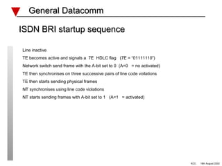 General Datacomm

ISDN BRI startup sequence

Line inactive
TE becomes active and signals a 7E HDLC flag (7E = “01111110”)
Network switch send frame with the A-bit set to 0 (A=0 = no activated)
TE then synchronises on three successive pairs of line code voilations
TE then starts sending physical frames
NT synchronises using line code violations
NT starts sending frames with A-bit set to 1 (A=1 = activated)




                                                                         KCC   18th August 2002
 
