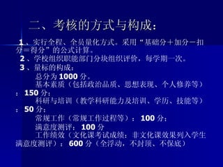 二、考核的方式与构成： 1 、实行全程、全员量化方式。采用“基础分＋加分－扣分＝得分”的公式计算。 2 、学校组织职能部门分块组织评价，每学期一次。 3 、量标的构成： 总分为 1000 分。 基本素质（包括政治品质、思想表现、个人修养等）： 150 分； 科研与培训（教学科研能力及培训、学历、技能等）： 50 分； 常规工作（常规工作过程等）： 100 分； 满意度测评： 100 分 工作绩效（文化课考试成绩：非文化课效果列入学生满意度测评）： 600 分（全浮动，不封顶、不保底） 