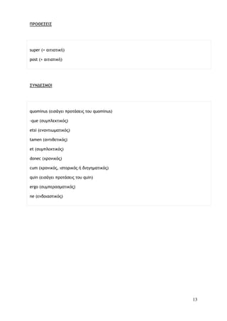 13
ΠΡΟΘΕΣΕΙΣ
super (+ αιτιατική)
post (+ αιτιατική)
ΣΥΝΔΕΣΜΟΙ
quominus (εισάγει προτάσεις του quominus)
-que (συμπλεκτικός)
etsi (εναντιωματικός)
tamen (αντιθετικός)
et (συμπλεκτικός)
donec (χρονικός)
cum (χρονικός, ιστορικός ή διηγηματικός)
quin (εισάγει προτάσεις του quin)
ergo (συμπερασματικός)
ne (ενδοιαστικός)
 
