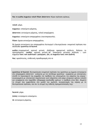 15
Hac re audita Augustus voluit filiam deterrere: Κύρια πρόταση κρίσεως
voluit: ρήμα.
Augustus: υποκείμενο ρήματος.
deterrere: αντικείμενο ρήματος, τελικό απαρέμφατο.
Augustus: υποκείμενο απαρεμφάτου (ταυτοπροσωπία).
filiam: άμεσο αντικείμενο απαρεμφάτου.
Ως έμμεσο αντικείμενο του απαρεμφάτου λειτουργεί η δευτερεύουσα- ονοματική πρόταση που
ακολουθεί quominus id faceret
audita: επιρρηματική χρονική μετοχή, ιδιάζουσα αφαιρετική απόλυτη, δηλώνει το
προτερόχρονο. (audita: χρονικη μετοχή, re: Υποκείμενο μετοχής) Ανάλυση : cum
Αugustus hanc rem audivisset / postquam, ubi, ut Αugustus hanc rem audivit)
Hac: ομοιόπτωτος, επιθετικός προσδιορισμός στο re
quominus id faceret: δευτερεύουσα ονοματική πρόταση του quominus ως έμμεσο αντικείμενο
στο απαρέμφατο deterrere˙ εισάγεται με τον σύνδεσμο quominus˙ εκφέρεται με υποτακτική,
επειδή το περιεχόμενό της εκφράζει την πρόθεση του υποκειμένου του ρήματος της κύριας˙
συγκεκριμένα με υποτακτική παρατατικού γιατί εξαρτάται από ρήμα ιστορικού χρόνου (voluit)
και αναφέρεται στο παρελθόν (ιδιόμορφη ακολουθία χρόνων: η πρόθεση είναι δηλ. ιδωμένη
τη στιγμή που εμφανίζεται στο μυαλό του ομιλητή, συγχρονισμός της κύριας με τη
δευτερεύουσα πρόταση, και όχι τη στιγμή της πιθανής πραγματοποίησής της).
faceret: ρήμα.
(Iulia): εννοούμενο υποκείμενο.
id: αντικείμενο ρήματος.
 