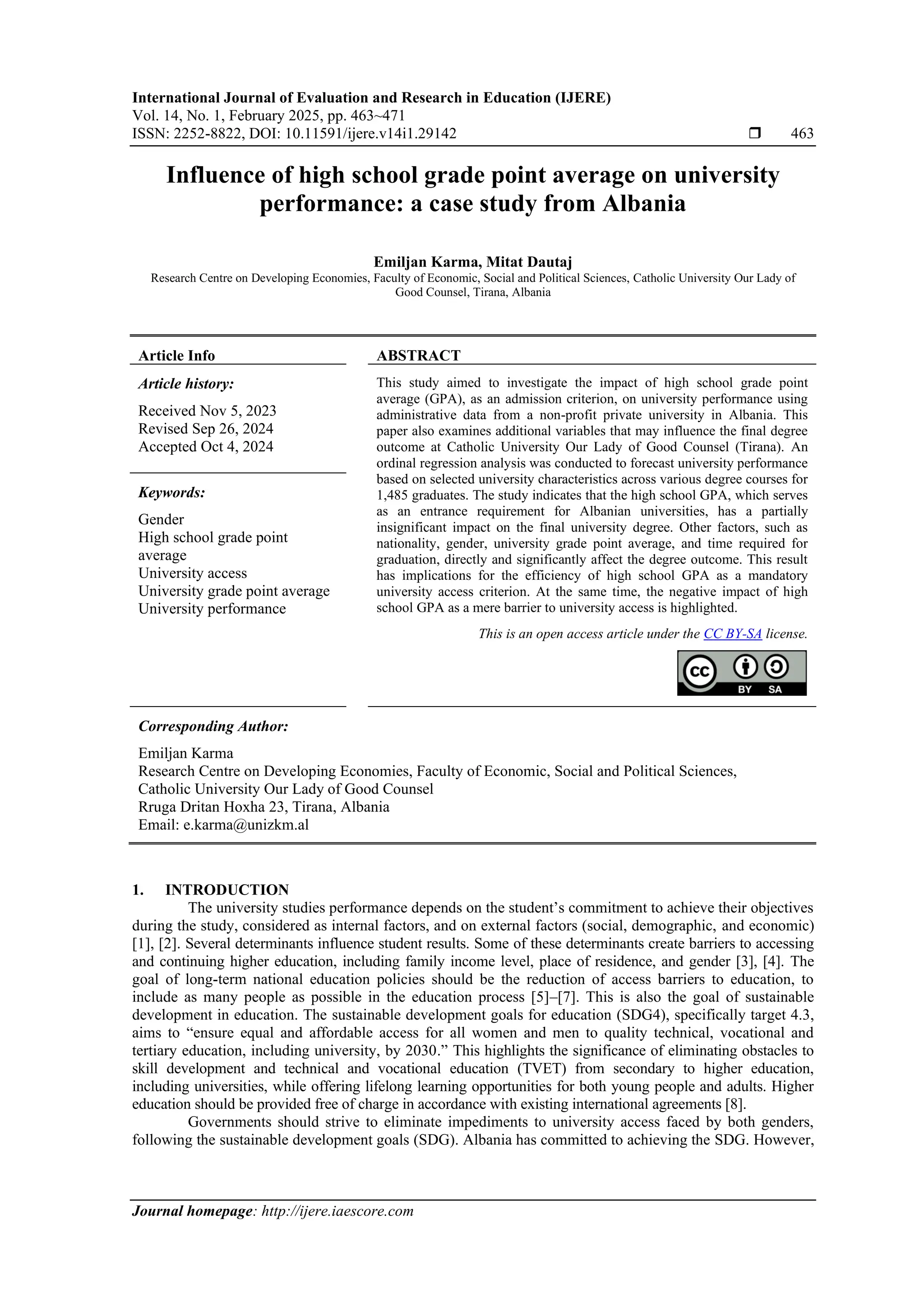 Influence of high school grade point average on university performance ...