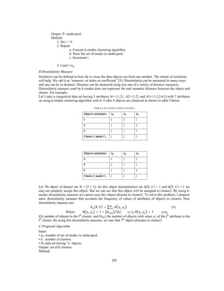295
Output: P: mode-pool.
Method:
1. Set i = 0.
2. Repeat
a. Execute k-modes clustering algorithm.
b. Store the set of modes in mode-pool.
c. Increment i.
3. Until i<np
B.Dissimilarity Measure
Similarity can be defined as how far or close the data objects are from one another. The notion of similarity
will help. We call it as “measure, or index or coefficient” [3]. Dissimilarity can be measured in many ways
and one can be in distance. Distance can be measured using any one of a variety of distance measures.
Dissimilarity measure used by k-modes does not represent the real semantic distance between the object and
cluster. For example-
Let’s take a categorical data set having 3 attributes A1={1,2}, A2={1,2} and A3={1,2,3,4,5}with 7 attributes
on using k-modes clustering algorithm with k=2 after 6 objects are clustered as shown in table I below.
TABLE I. CLUSTER 1 AND CLUSTER 2
Let 7th object of dataset are X = [2 1 1], for this object dissimilarities are d(X, C) = 1 and d(X, C) = l. we
may not properly assign this object. But we can see that this object will be assigned to cluster2. By using k-
modes dissimilarity measure we cannot sure this object allocate to cluster2. To solve this problem, I propose
anew dissimilarity measure that accounts the frequency of values of attributes of objects in clusters. New
dissimilarity measure are-
( , ) = ∑ , (3)
Where , = 1 − | |⁄ xj=yj , = 1 xj≠yj
|Ol| number of objects in the lth
cluster, and |Oljm| the number of objects with value a j of the jth
attribute in the
lth
cluster. By using this dissimilarity measure, we sure that 7th
object allocates to cluster2.
C.Proposed Algorithm
Input:
• np: number of set of modes in mode-pool.
• k : number of clusters.
• D: data set having ‘n’ objects.
Output: set of k clusters.
Method:
 