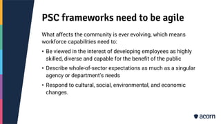 PSC frameworks need to be agile
What affects the community is ever evolving, which means
workforce capabilities need to:
• Be viewed in the interest of developing employees as highly
skilled, diverse and capable for the benefit of the public
• Describe whole-of-sector expectations as much as a singular
agency or department’s needs
• Respond to cultural, social, environmental, and economic
changes.
 