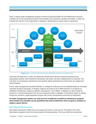 | Whitepaper | Cascade | www.dnvgl.com/software Page 9
Third, a mature asset management program monitors equipment health (H) and determines a device’s
criticality (C) to the overall performance of the company. By combining criticality and health, a utility can
evaluate the risk (R) to the organization’s operation, represented by a given piece of equipment.
Using the CHR approach, a utility can effectively identify which devices should be temporarily but
purposefully ignored, which should be maintained, and where and when replacements are required. This
cuts down on unnecessary maintenance and predicts capital expenditures to where they are needed and
most beneficial.
Fourth, asset management provides flexibility, so categories of devices can be evaluated based on individual
corporate situations and goals. A category might be as broad as all oil-filled reclosers or as specific as
substation transformers made by a specific manufacturer in the 1960’s. A category can also include all
devices on a critical transmission line. As more equipment data is collected, it will become easier to identify
trends and, therefore, target equipment groups with similar characteristics and levels of importance.
An asset management system can only be truly considered a predictive maintenance program
when health and criticality can be quantified and used to determine when to ignore, maintain or
replace a given device.
Risk-Based Maintenance
Risk-based maintenance (RbM) has many guises and comes in many forms. The bottom line is this:
Maintenance programs move from being reactive to being proactive. The focus shifts from preventing
Figure 5.1 - Vertical Enterprise Asset Reliability System conceptual map
 