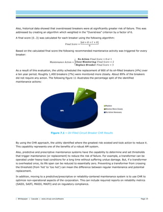 | Whitepaper | Cascade | www.dnvgl.com/software Page 19
Also, historical data showed that overstressed breakers were at significantly greater risk of failure. This was
addressed by creating an algorithm which weighted in the “Overstress” criterion by a factor of 6.
A final score (0…3) was calculated for each breaker using the following algorithm:
𝐹𝑖𝑛𝑎𝑙 𝑆𝑐𝑜𝑟𝑒 =
[6𝐴 + 𝐵 + 𝐶 + 𝐷]
9
Based on the calculated final score the following recommended maintenance activity was triggered for every
breaker:
𝑀𝑎𝑖𝑛𝑡𝑒𝑛𝑎𝑛𝑐𝑒 𝐴𝑐𝑡𝑖𝑜𝑛 = {
𝑵𝒐 𝑨𝒄𝒕𝒊𝒐𝒏: 𝐹𝑖𝑛𝑎𝑙 𝑆𝑐𝑜𝑟𝑒 = 0 𝑜𝑟 1
𝑪𝒍𝒐𝒔𝒆 𝑴𝒐𝒏𝒊𝒕𝒐𝒓𝒊𝒏𝒈: 𝐹𝑖𝑛𝑎𝑙 𝑆𝑐𝑜𝑟𝑒 = 2
𝑹𝒆𝒑𝒍𝒂𝒄𝒆 𝑩𝒓𝒆𝒂𝒌𝒆𝒓: 𝐹𝑖𝑛𝑎𝑙 𝑆𝑐𝑜𝑟𝑒 = 3
As a result of this evaluation, the utility scheduled the replacement of 800 of its oil-filled breakers (4%) over
a ten year period. Roughly 1,400 breakers (7%) were monitored more closely. About 89% of the breakers
did not require any action. The following figure 11 illustrates the percentage split of the identified
maintenance actions:
Figure 7.1 – Oil-Filled Circuit Breaker CHR Results
By using the CHR approach, the utility identified where the greatest risk existed and took action to reduce it.
This capability represents one of the benefits of a robust AM system.
Also, predictive and prescriptive maintenance systems have the capability to determine and set thresholds
that trigger maintenance (or replacement) to reduce the risk of failure. For example, a transformer can be
operated under heavy-load conditions for a long time without suffering undue damage. But, if a transformer
is overheated once, its life span can be reduced to essentially zero. Preventing a transformer from crossing
the threshold (from ‘hot’ to ‘too hot’) can mean the difference between regular maintenance and potential
replacement.
In addition, moving to a predictive/prescriptive or reliability-centered maintenance system is to use CHR to
optimize non-operational aspects of the corporation. This can include required reports on reliability metrics
(SAIDI, SAIFI, MAIDI, MAIFI) and on regulatory compliance.
 