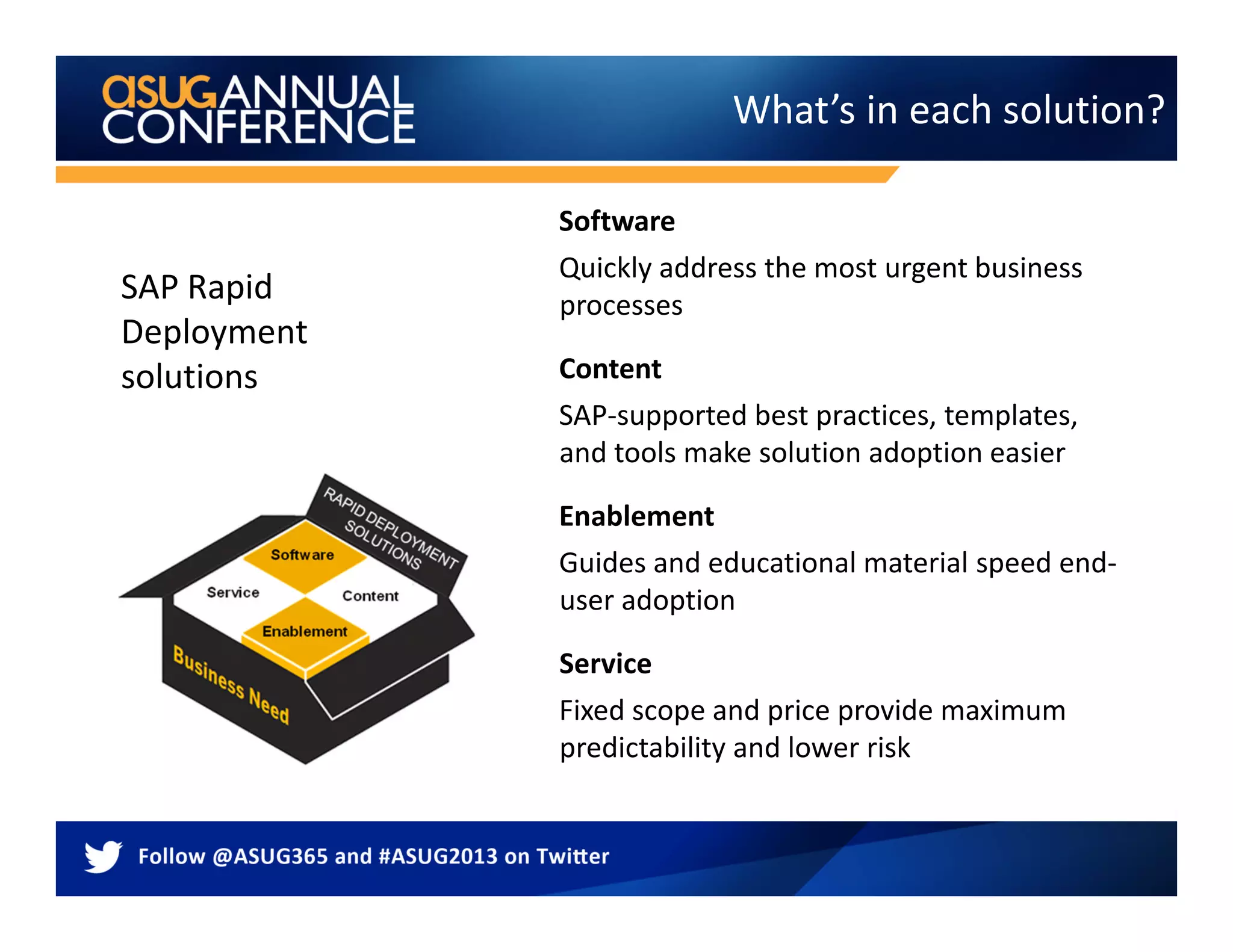 What’s in each solution?
Software
Quickly address the most urgent business
processes
Content
SAP-supported best practices, templates,
and tools make solution adoption easier
Enablement
Guides and educational material speed end-
user adoption
Service
Fixed scope and price provide maximum
predictability and lower risk
SAP Rapid
Deployment
solutions
 
