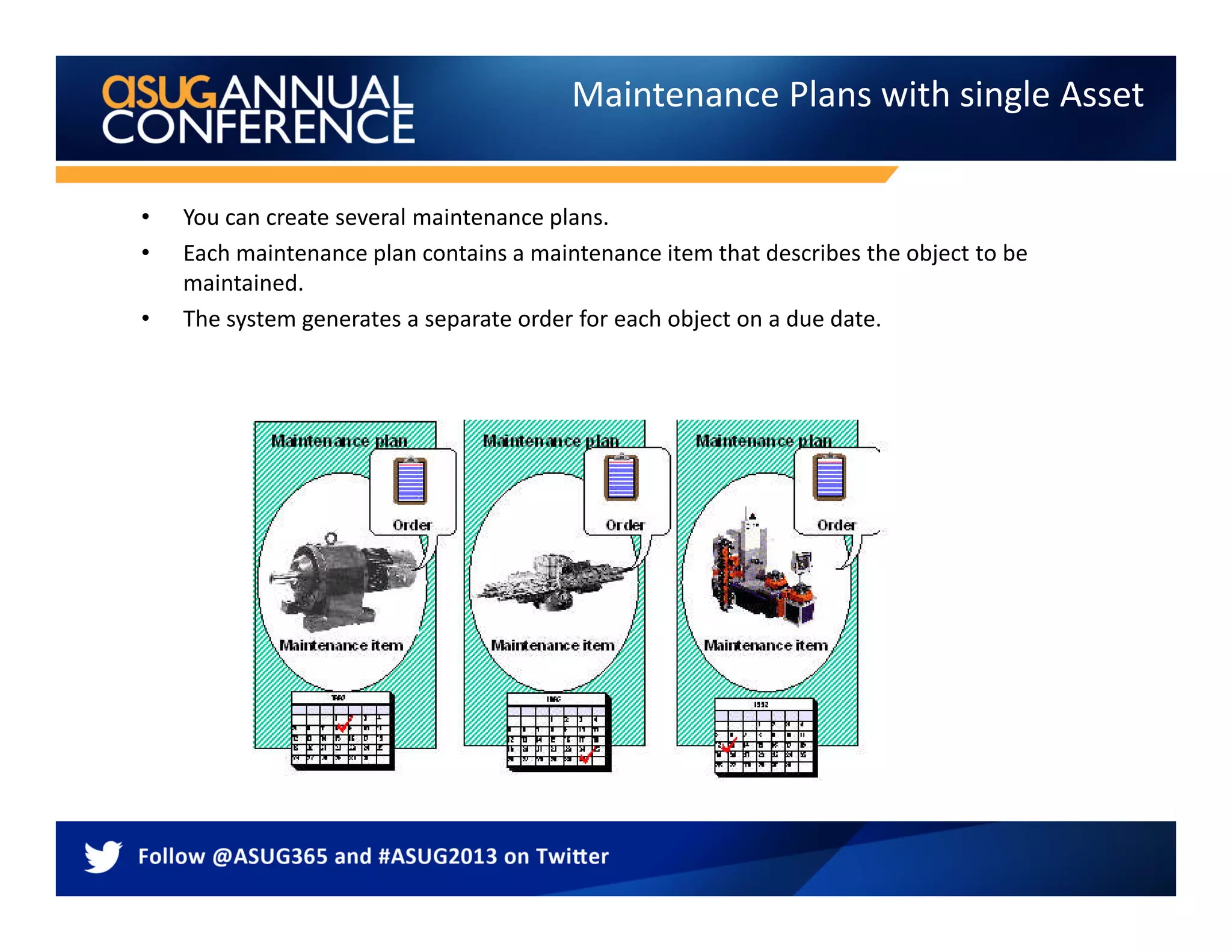 Maintenance Plans with single Asset
• You can create several maintenance plans.
• Each maintenance plan contains a maintenance item that describes the object to be
maintained.
• The system generates a separate order for each object on a due date.
 
