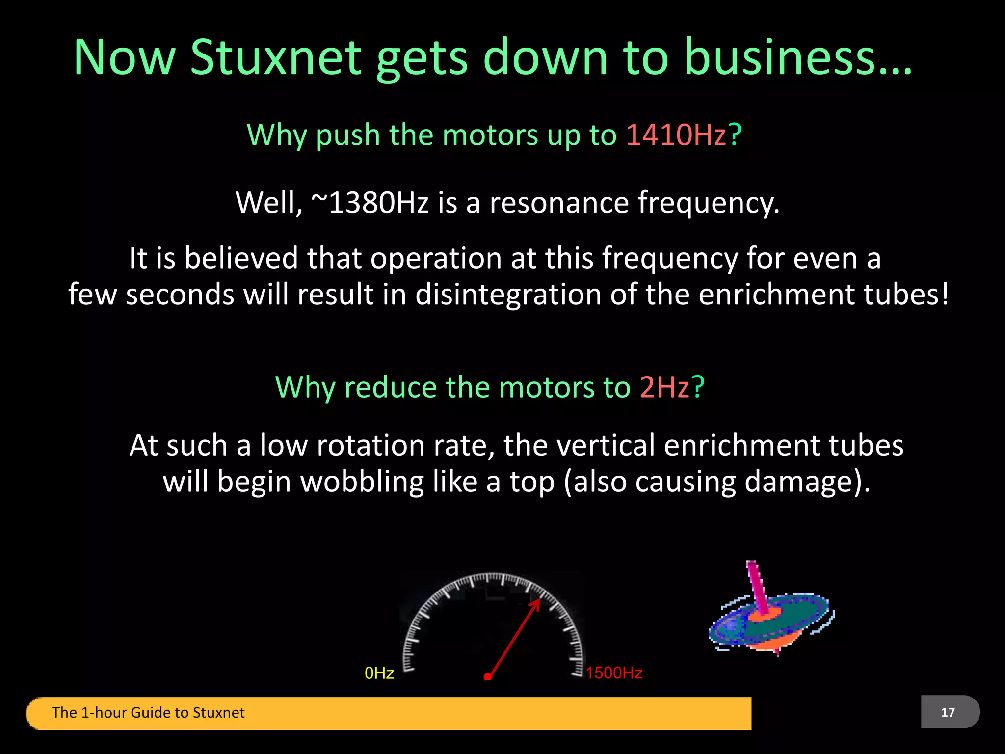 Why push the motors up to 1410Hz?
0Hz 1500Hz
Well, ~1380Hz is a resonance frequency.
It is believed that operation at this frequency for even a
few seconds will result in disintegration of the enrichment tubes!
Why reduce the motors to 2Hz?
At such a low rotation rate, the vertical enrichment tubes
will begin wobbling like a top (also causing damage).
Now Stuxnet gets down to business…
17
The 1-hour Guide to Stuxnet
 